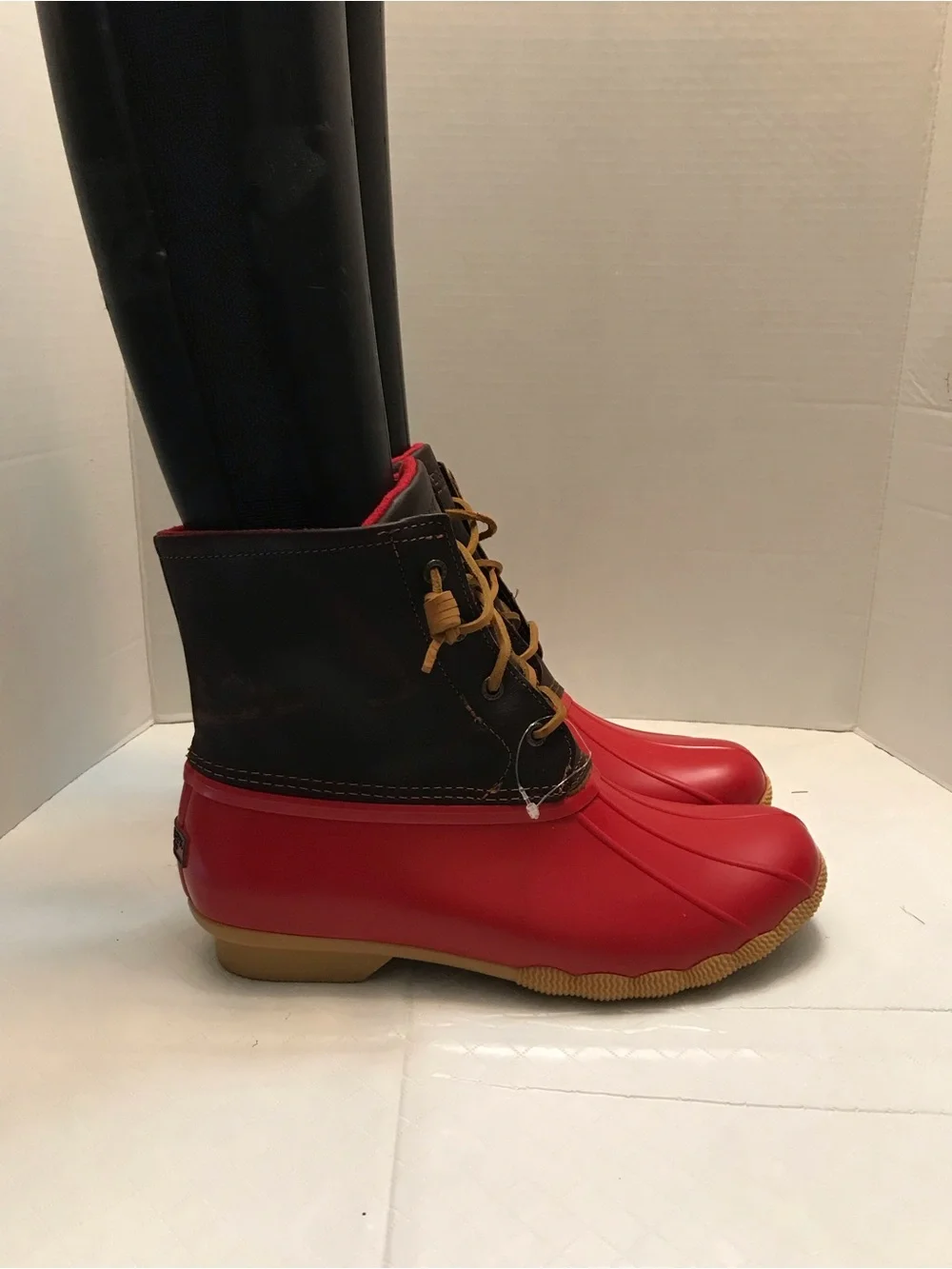Sperry Red and Brown Waterproof Lace-Up Rain Boots
